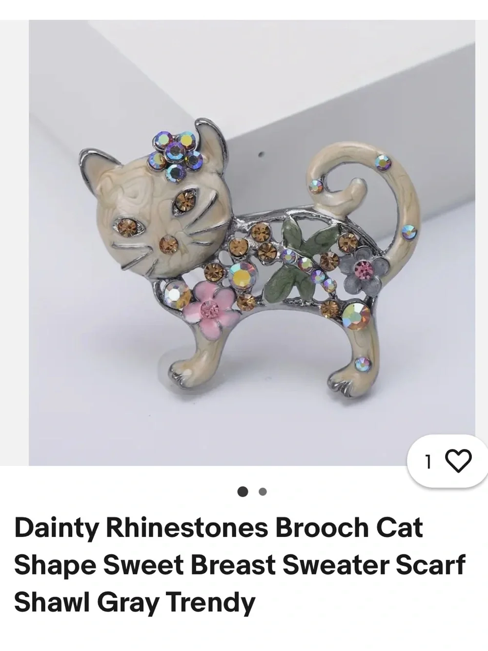 Hand-Painted Jeweled Cat Brooch - Pastel Green Floral Accents